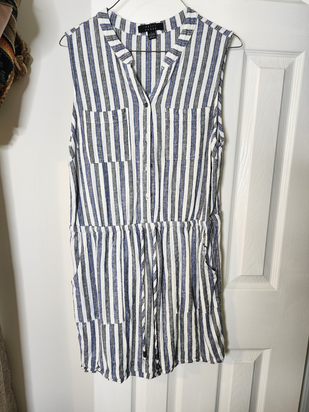 Striped Sleeveless Romper with Drawstring Waist - White & Navy
